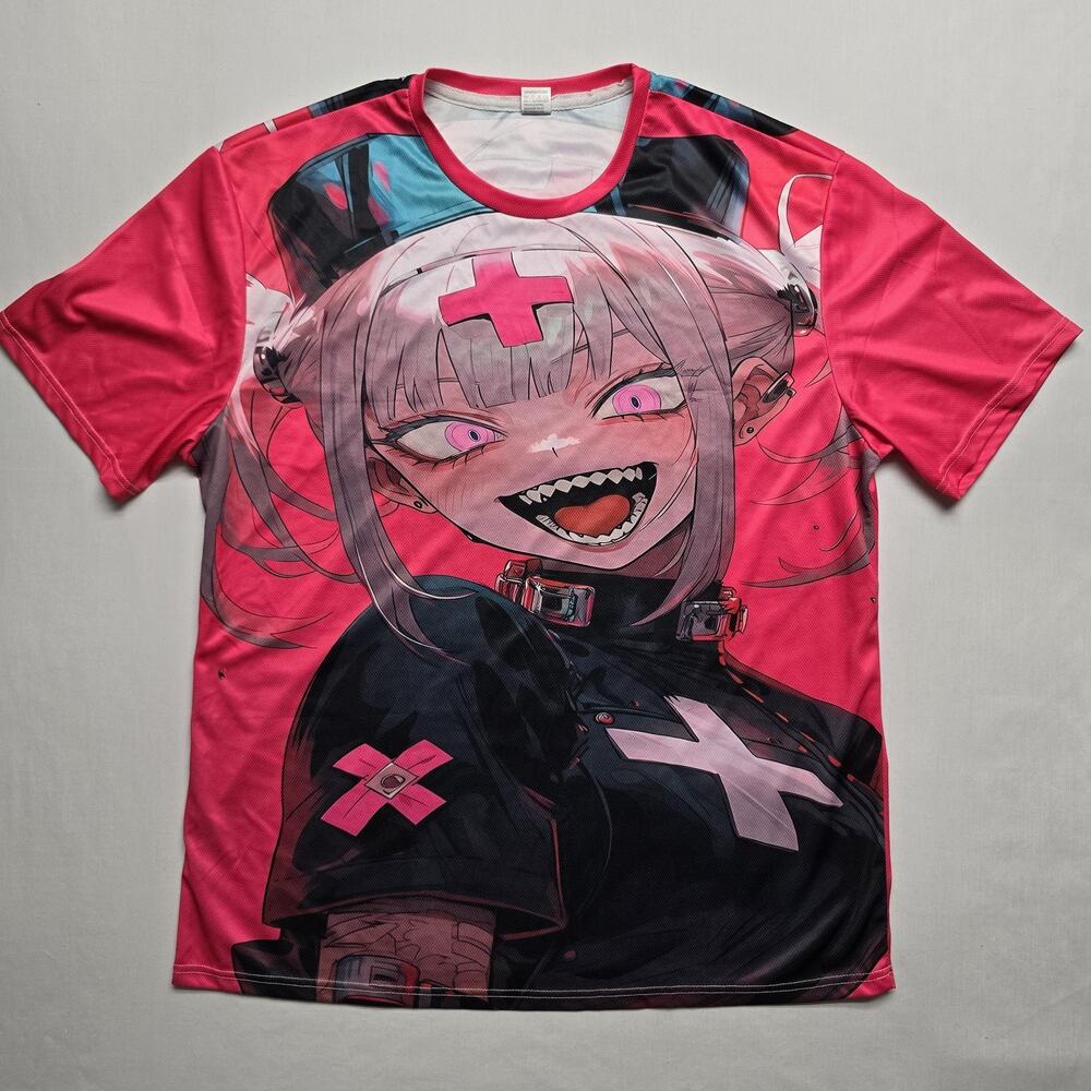 Anime Nurse Graphic Shirt Mens 2XL Pink Black All Over Print Short Sleeve Kawaii